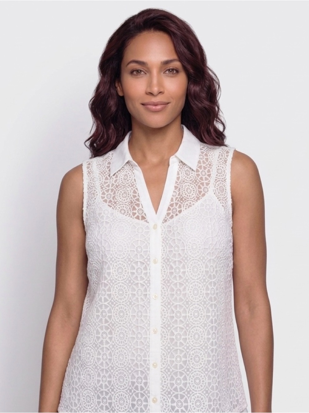 Alfani White Sleeveless Lace Button-Front Collared Blouse